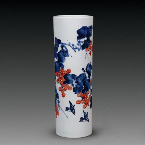 青花釉里紅“秋實”帽筒