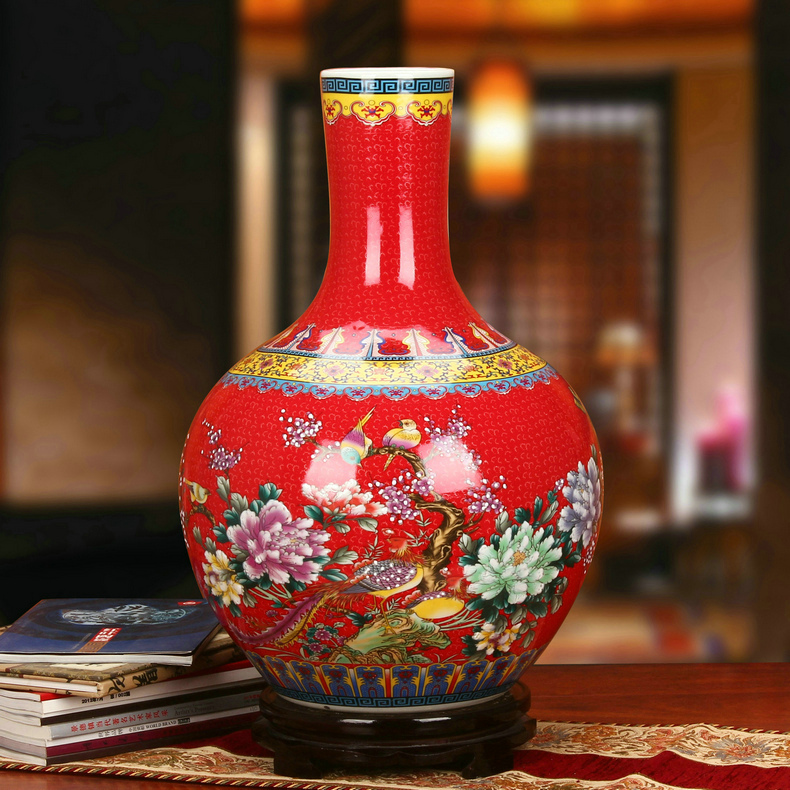 景德鎮陶瓷仿古琺瑯彩牡丹鳳凰天球瓶(紅色)