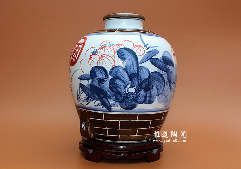 景德鎮工藝手繪20斤裝酒壇子荷花款