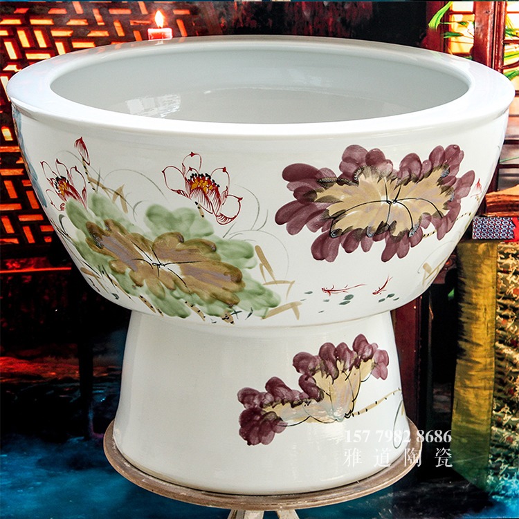 景德鎮手繪荷花清香陶瓷魚缸-側面