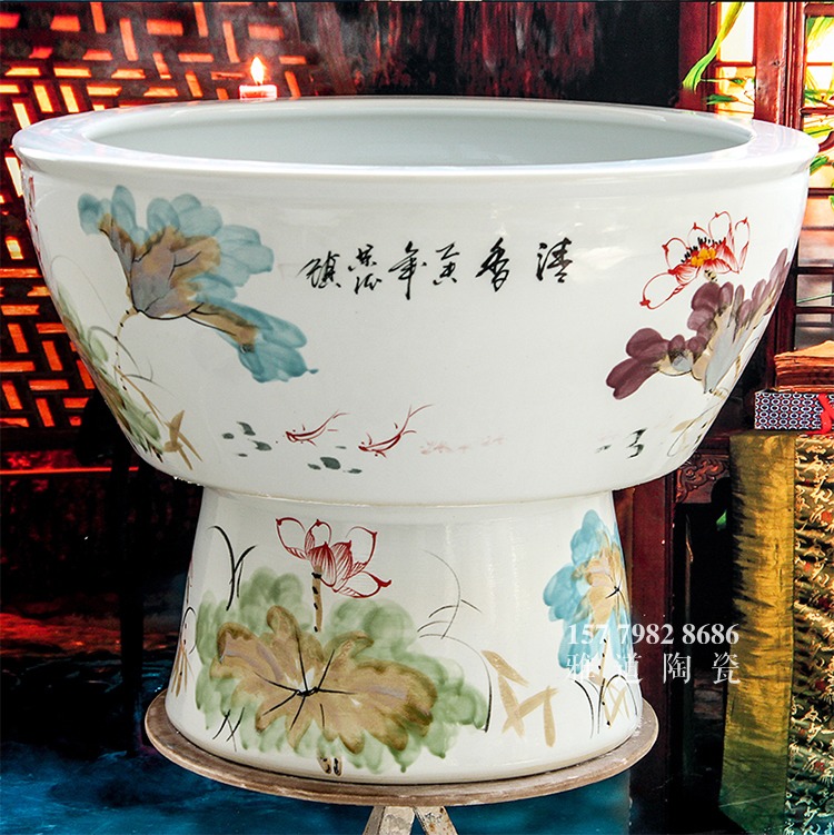 景德鎮手繪荷花清香陶瓷魚缸-題字