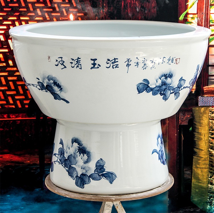景德鎮手繪青花牡丹陶瓷魚缸-題字