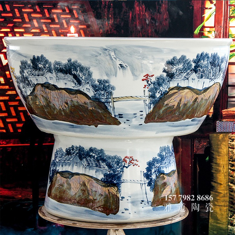 景德鎮陶瓷大魚缸手繪鄉情