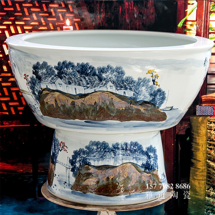 景德鎮陶瓷大魚缸手繪鄉情-側面