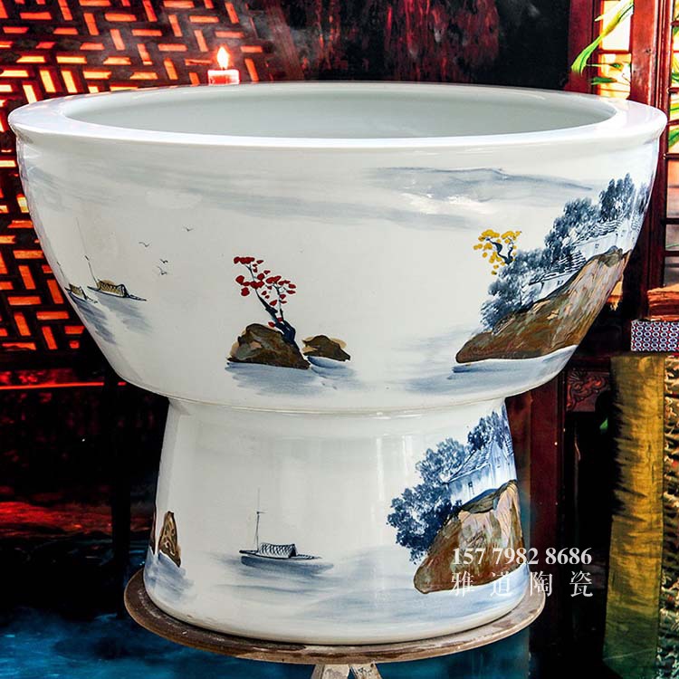 景德鎮陶瓷大魚缸手繪鄉情-側面
