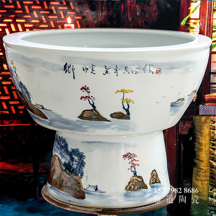 景德鎮陶瓷大魚缸手繪鄉情-背面