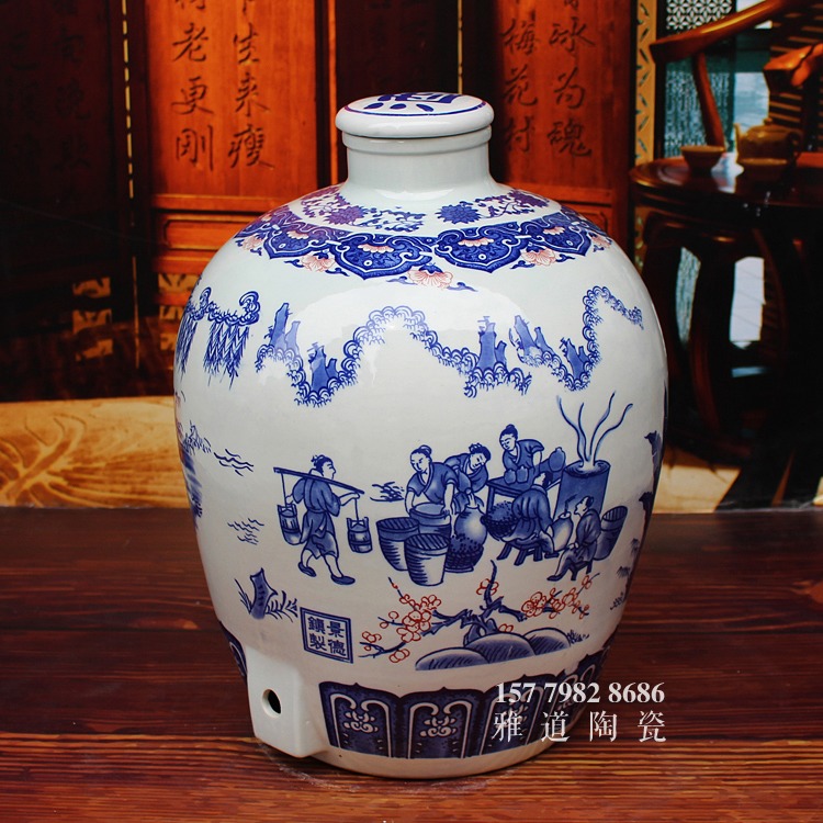 青花陶瓷酒壇系列-釀酒圖