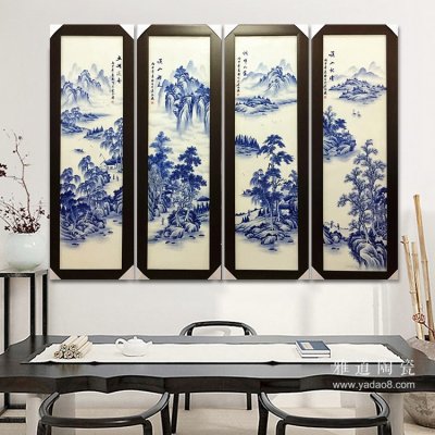 青花工筆山水四條屏手繪瓷板畫
