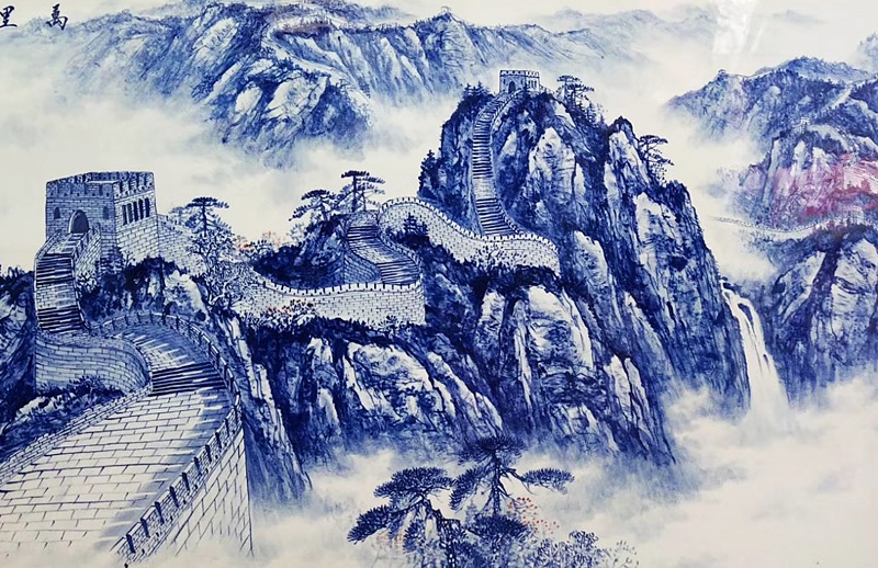 名家手繪萬里雄風青花瓷板畫