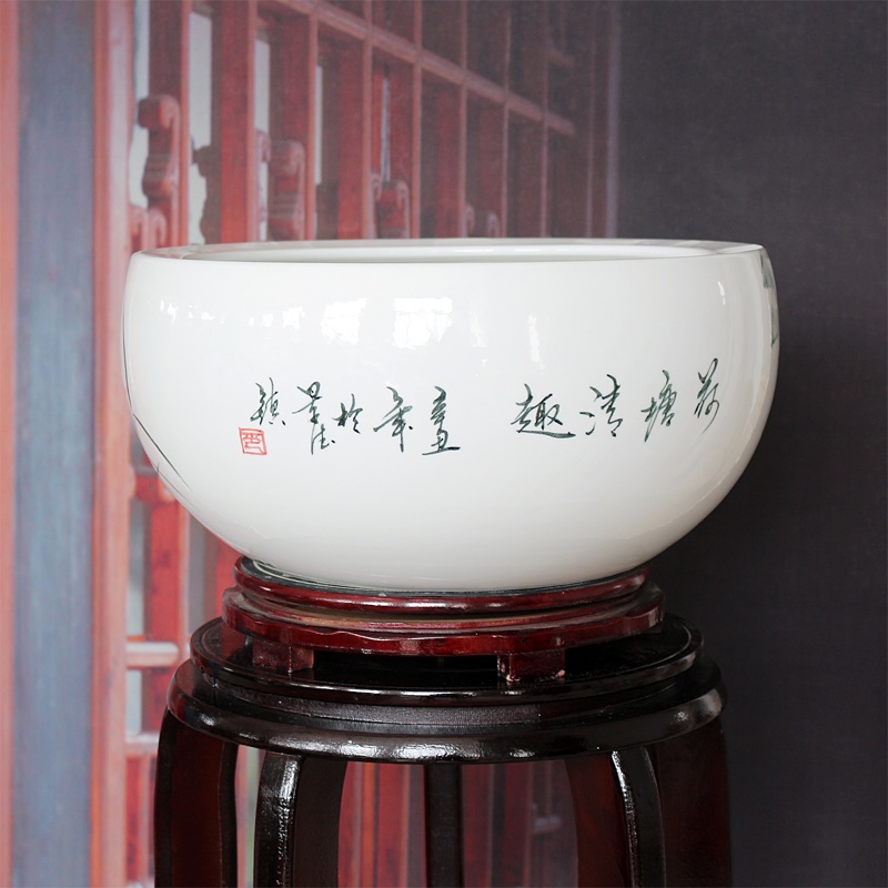 手繪陶瓷聚寶盆擺件批發（荷塘清趣）(圖4)
