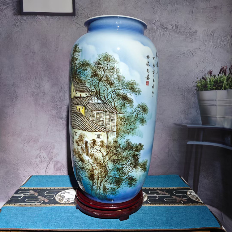 手工手繪山水樓閣陶瓷花瓶直筒瓶（春江古樓）(圖2)