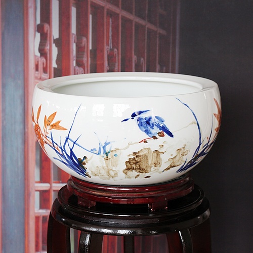 手繪陶瓷聚寶盆風水擺件（君子圖）